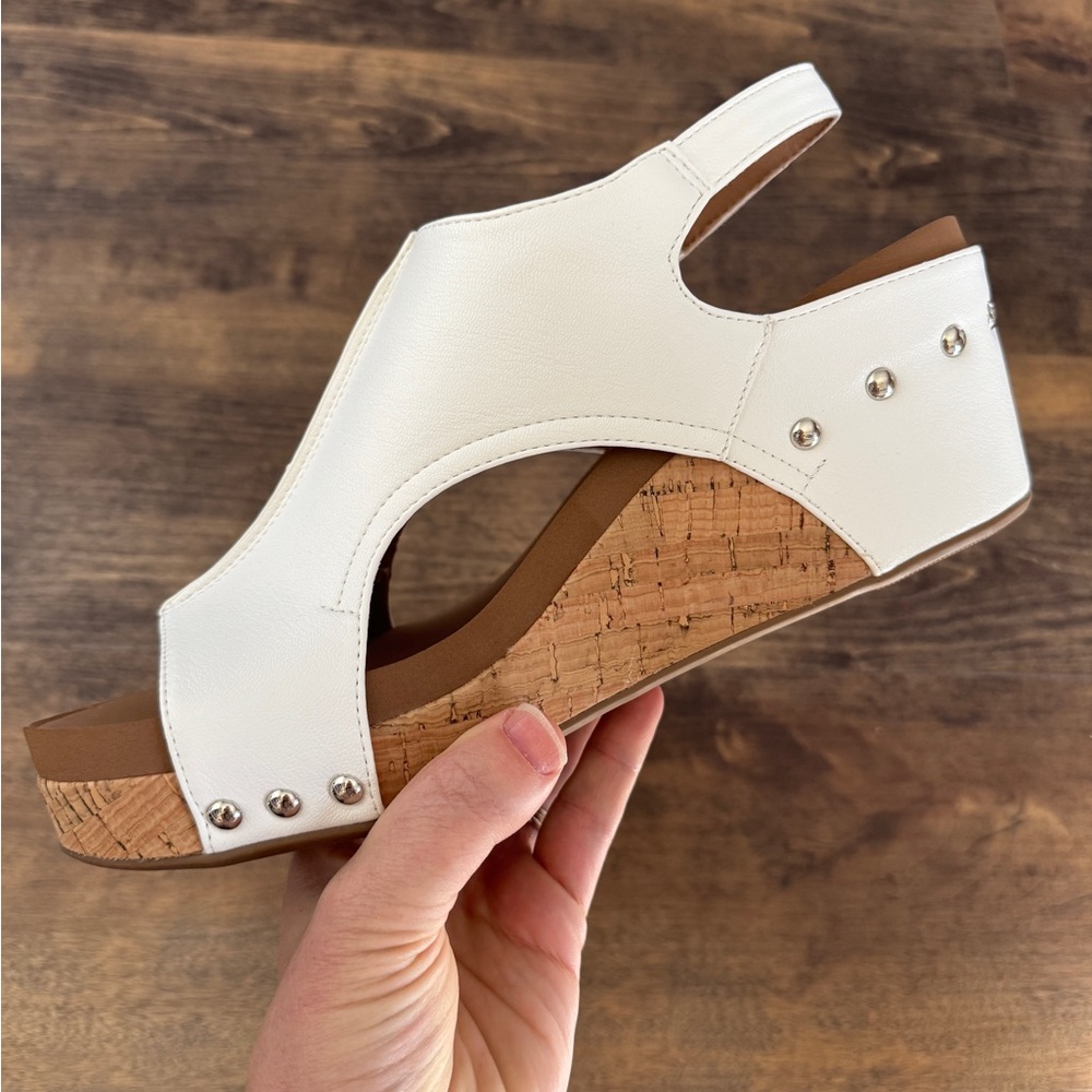 Corkys Carley White and Tan Wedge Sandals